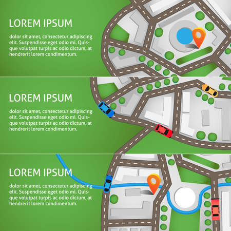 Vector illustration. City map top view with roads, colourful cars and orange navigation pin. Can used for web bannersのイラスト素材