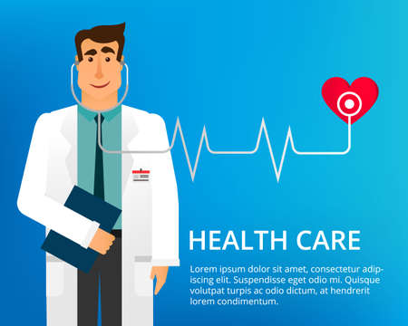 Flat design doctor. Handsome doctor with stethoscope and many different medical icons. Cardiologist Dr. Vector illustration can be used in the brochures and websites.のイラスト素材