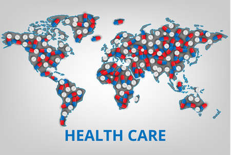 Vector illustration.World health care organization. Map with a lot of pills and vitamins. Medicine concept for business and clinicsのイラスト素材