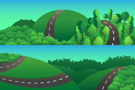 Colorful vector illustration with green hills and winding roads. Two horizontal banners for web, for vacations, travel and seasonal holidays backgroundのイラスト素材