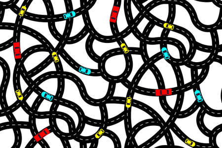Seamless pattern in the form of intertwining roads with cars. Vector illustration with twisted roads, cars and trucks on a white backgroundのイラスト素材