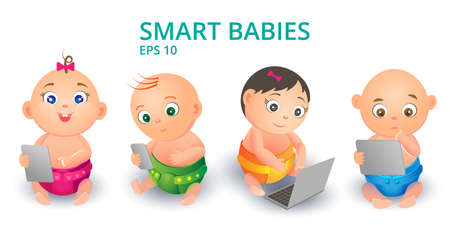 Little cute children in diapers from the device in his hands. Smart kids play educational games. Boys and girls with a phone, a tablet, laptop on the white backgroundのイラスト素材