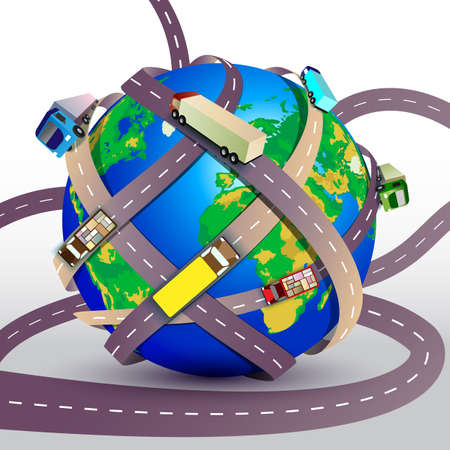 Vector illustration. Planet Earth braided many roads with trucks. Transportation concept for web banners and infographicsのイラスト素材