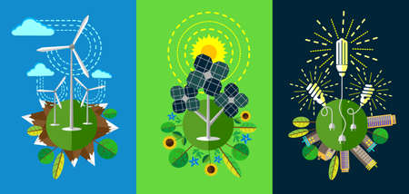 Ecology concept vertical banners set in flat style. Vector illustration. Eco-city, green energy, wild nature concept.Solar panels.のイラスト素材