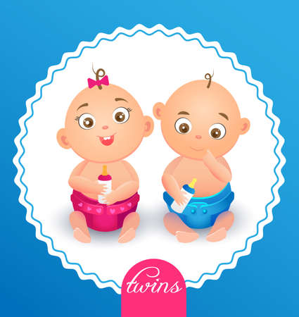 Newborn twin babies, boy and girl. Greeting card. Vector cute cartoon twins. Twin kids isolated. Small twin kids, children twin couples. Twin children vector people isolated.の写真素材