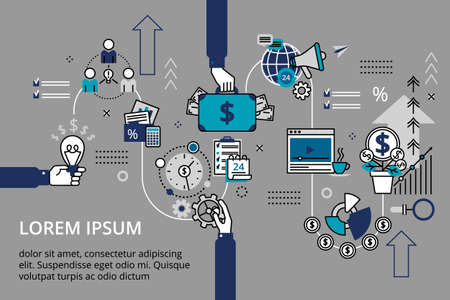 Startup business and teamwork concept horizontal banner in flat line stile. Creative vector illustration with a lot of business icons. Can be used for web, graphic design and brochure.のイラスト素材