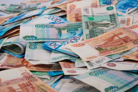 Russian rubles, bills of various denominationsの写真素材