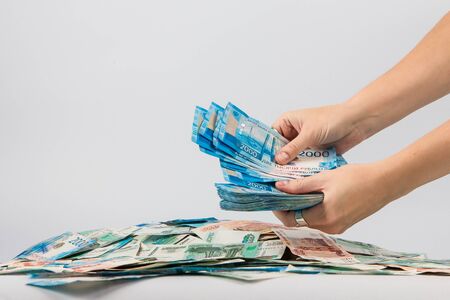 Russian rubles, bills of various denominationsの写真素材