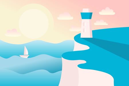 seascape with a ship in the waves and a lighthouse on the shore, the sun with cloudsのイラスト素材