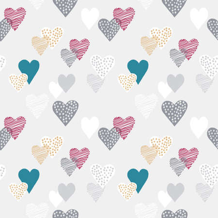 seamless pattern, multi-colored hearts in stripes and polka dots, hand-drawn on a light gray...