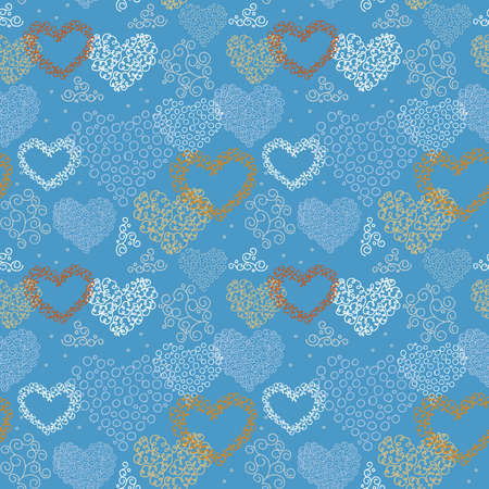 seamless pattern, multi-colored openwork hearts drawn by hand on a blue background