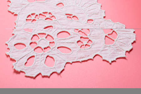 hand embroidery on linen and cotton fabric, homespun cloth, Richelieu and mesh, backgroundの写真素材