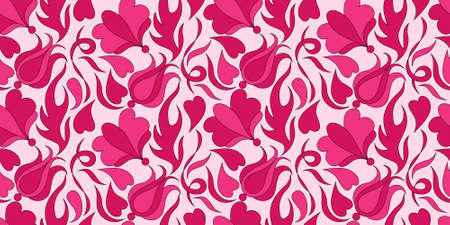 seamless pattern with stylized flowers and leaves in pink tones