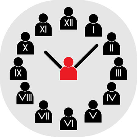 icons people, clock with numbers, black and red