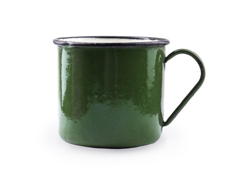 antique iron enamel mug, isolate on a white backgroundの写真素材