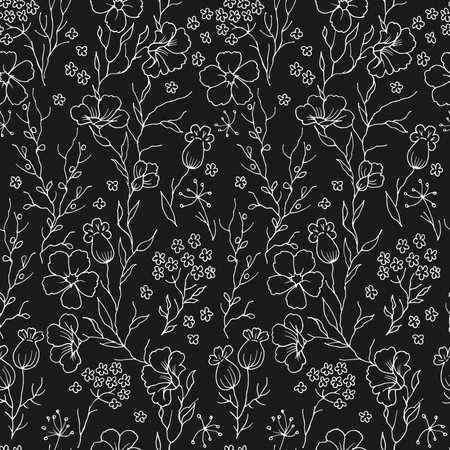seamless black and white pattern with stylized flowers, leaves and branchesのイラスト素材