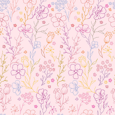 seamless pattern with stylized flowers, leaves and branchesのイラスト素材