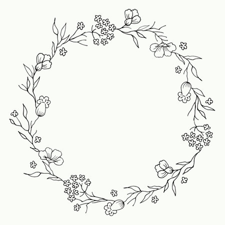 vector drawing, curly wreath of flowers and branches with leaves on a pink backgroundのイラスト素材