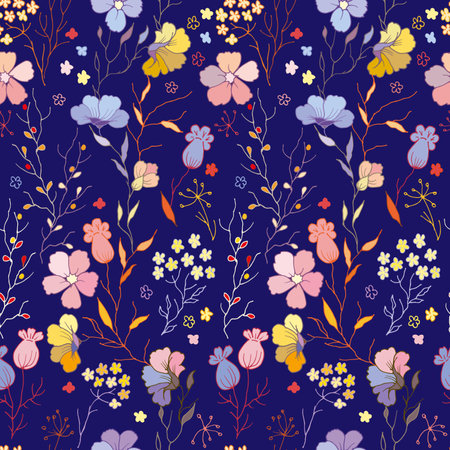 seamless pattern with stylized flowers, leaves and branchesのイラスト素材