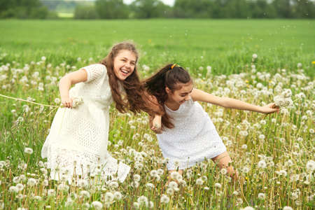 Friends, teenage girls on a walk with their sister and dog in a summer field with dandelions, sunny...