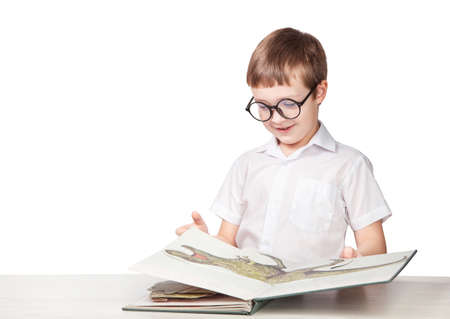 boy with glasses, elementary school student, reading a book, isolate on a white backgroundの写真素材