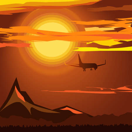 mountain landscape in orange tones, the evening sun with clouds, the silhouette of an airplane against the skyのイラスト素材