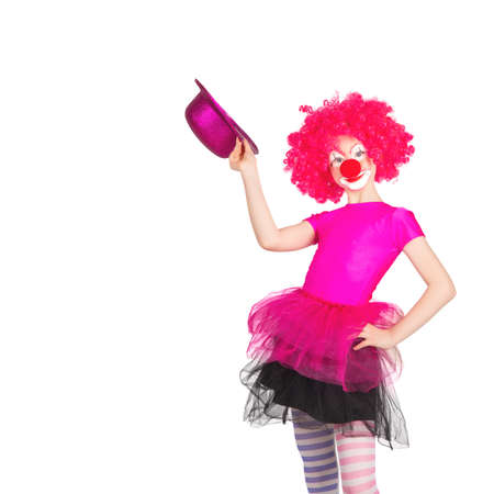 children in colorful clown outfits, isolated on a white backgroundの写真素材