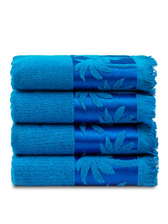 terry colored towels made of cotton, isolate on a white backgroundの写真素材