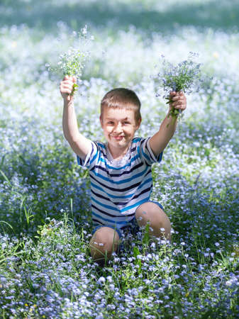 children in the park on a walk collect flowers and explore nature, summer morning