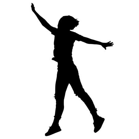black and white vector female silhouettes for clipping, jumping people, activity and joyのイラスト素材
