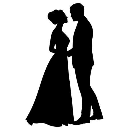 the bride and groom are standing side by side, black and white silhouettesのイラスト素材