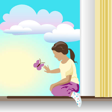 a little girl is sitting on the windowsill and looking at a butterflyのイラスト素材