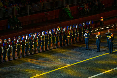 MOSCOW, RUSSIA - SEPTEMBER 01, 2021. Military band Festival, performance on Red Square with special effects and fireworksのeditorial素材