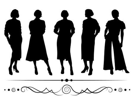 vector female silhouettes with dividers black on white backgroundのイラスト素材