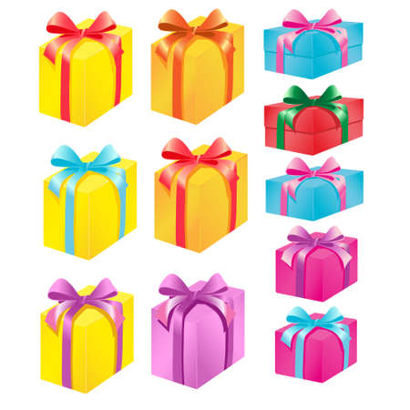 vector set of multicolored gift boxes with bows isolated on a white backgroundのイラスト素材