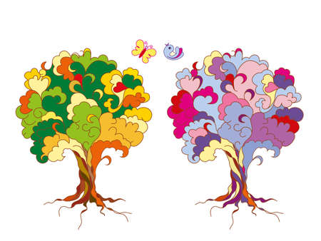 stylized tree in different colors with a butterfly and a bird on a white backgroundのイラスト素材
