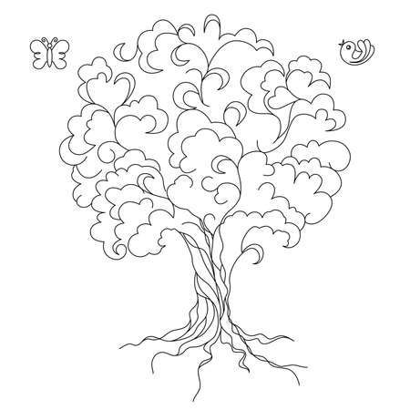 stylized tree with a butterfly and a bird on a white backgroundのイラスト素材