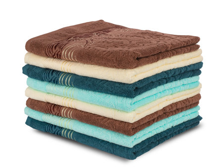 multi-colored Terry cotton bath towels, isolate on a white backgroundの写真素材