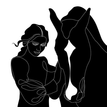 black and white silhouette of a girl next to a horseのイラスト素材
