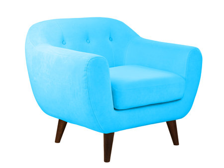 blue armchair or soft sofa in textile upholstery on wooden legs, isolated on a white backgroundの写真素材