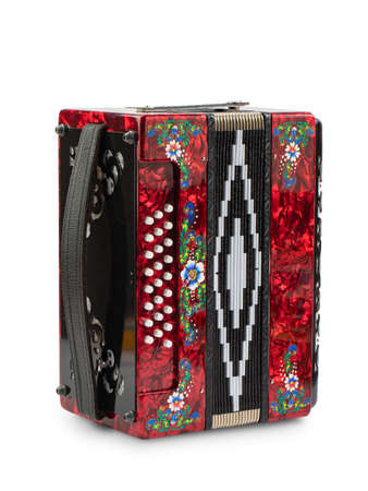 folklore musical instrument, handmade Russian accordion with painting and inlay, isolated on a white backgroundの写真素材