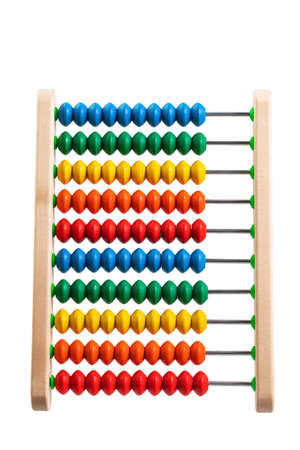 children's toy wooden abacus with multicolored knuckles, isolated on a white backgroundの写真素材