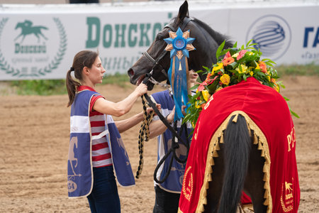 MOSCOW, RUSSIA - JULY 23, 2022: Horse racing in honor of the 20th anniversary of the Donskoy Stud Farm, big race day at the Central Moscow Hippodromeのeditorial素材