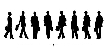black and white vector silhouettes of business women with briefcase,clipartのイラスト素材