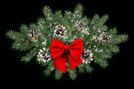New Year's clip art, compositions of fir branches, cones and a red bow, isolatedの写真素材