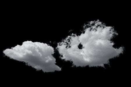white fluffy clouds isolated on a black background, clipartの写真素材