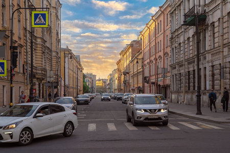 SAINT PETERSBURG, RUSSIA - JULY 13, 2023 Petersburg streets with cars, bridges and strolling peopleのeditorial素材