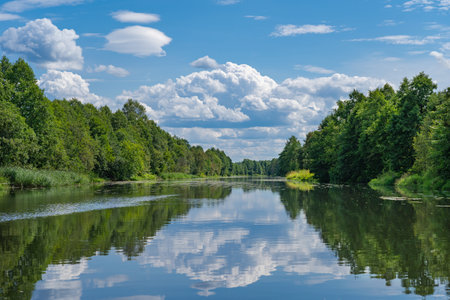 summer landscape with river, road and clouds in the blue sky