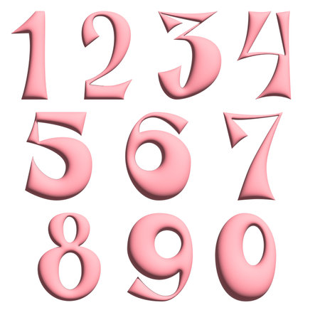 stylized three-dimensional pink numbers from 0 to 9, clipart, isolated