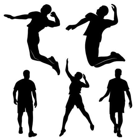 black and white male silhouettes of athletes, volleyball game, clipartのイラスト素材